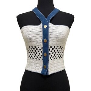 NEW My Beachy Side Crochet Halter Top L White Denim Button Front Coastal Resort